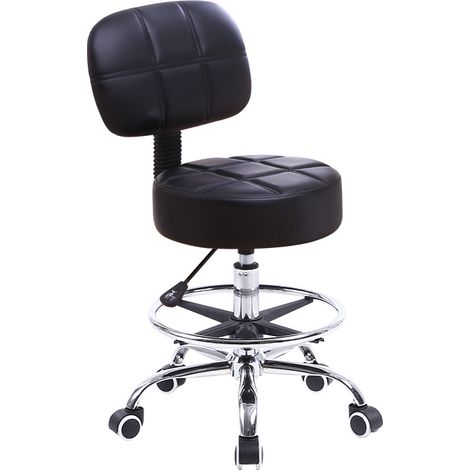 Tabouret à roulettes réglable en hauteur – Cuir PU noir – Dossier ergonomique – Capacité 135kg – 360° pivotant – Pour bureau et SPA – Kktoner