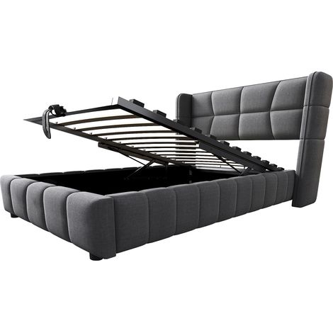 Cama tapizada individual 90 x 200 cm con somier, almacenaje y cabecero, gris MODENUIT (1/5)