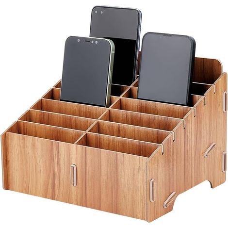14 Ccellules Organisateur de Téléphone Portable en Bois, Portable Détachable Organisateur de Bureau Créatif pour Organisateur de Bureau de Bureau, Couleur Chocolat, 21.8x17.6x15 cm (1/5)