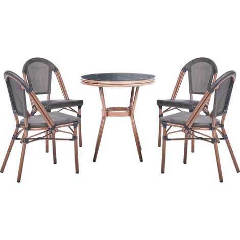 Conjunto de comedor exterior 4 plazas mesa redonda de ratán sintético y sillas con estructura de aluminio gris Rifreddo