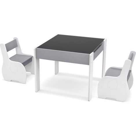 4-in-1 Wooden Activity Kids Table and Chairs with Storage and Detachable Blackboard-Gray (1/5)