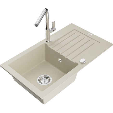 Mexen Pablo évier en granit 1 bac avec égouttoir et robinet de cuisine Flora, beige - 6510-69-670401-00 (1/5)