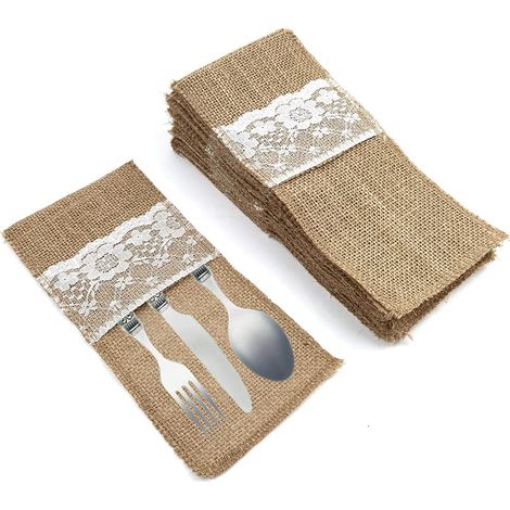 20 Porte-Couverts, Jute Naturel, Dentelle Blanche, Sac Rustique, Pour Mariage, Noël (1/5)
