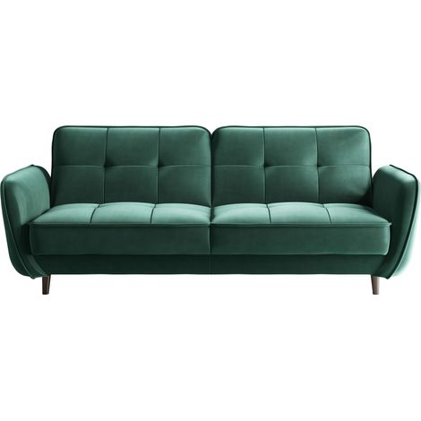 Canapé 3 places convertible en velours BOZA - Pieds bois noir-Vert (1/4)