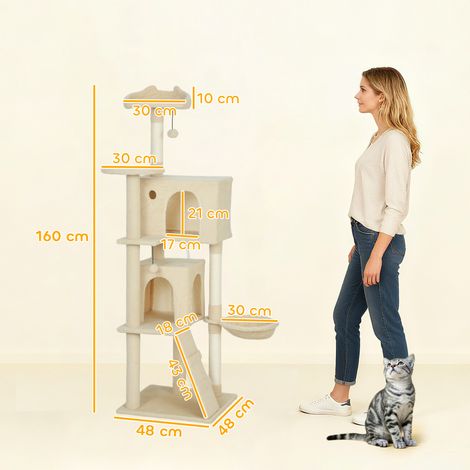 Arbre à chat 160 cm avec hamac, échelle, grotte, 2 balles en peluche, poteaux en sisal, 48 x 48 x 160 cm, beige (1/5)