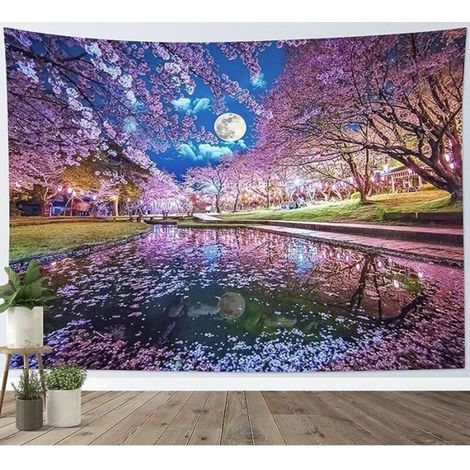 Tapisserie Murale - - Fleur Cerisier Rose - Ciel Bleu - 200x150cm - Design Contemporain (1/4)