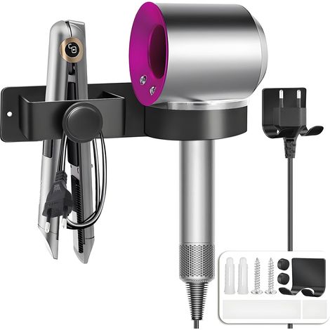 Soporte para secador de pelo con almacenamiento de cable, no requiere perforación, soporte de aluminio para secador y plancha de pelo para baño, hotel, dormitorio, negro. (1/5)