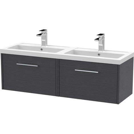 Winshill Contemporary 2 Drawer Wall Hung Vanity Unit with Thin Edge Basin, Woodgrain Dark Grey, 1200mm (1/4)