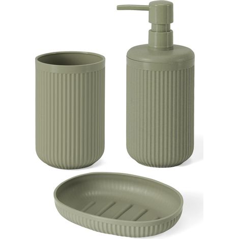Set accessori bagno 3 pz con dispenser portaspazzolino e portasapone verde cannettato Arizona (1/5)