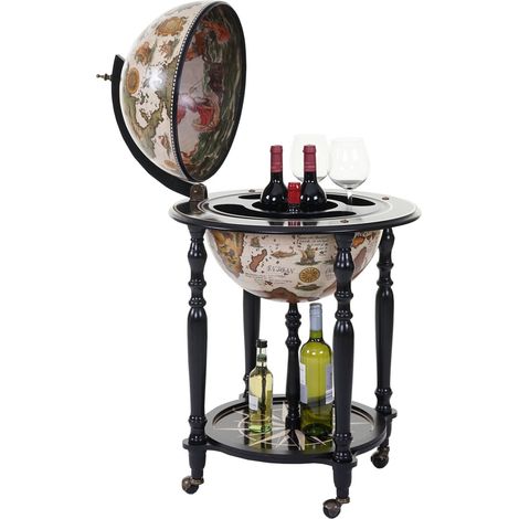 Globe terrestre, bar de salon HWC-A78, minibar roulant, bois d'eucalyptus
