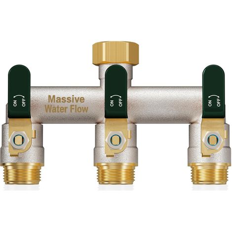 3voies Distributeur d'eau à double débit, distributeur 3/4 pouce, construction robuste en laiton nickelé, adaptateur de robinet extérieur haut poignée métallique allongée-poignée verte - 3 (1/5)