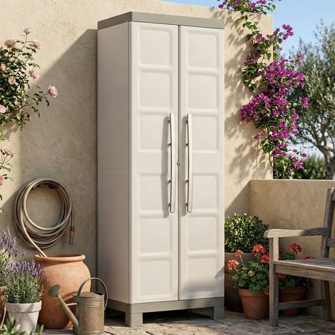 Dmora - Armario exterior Strathmore, Mueble para exteriores, Mueble de jardín multiusos, Contenedor para balcón o garaje, Made in Italy, 65x45 h182 cm, Arena (1/4)