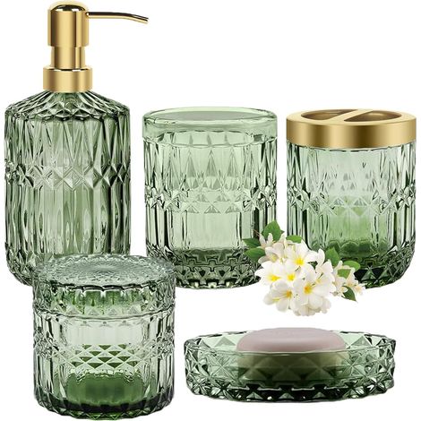 5 Pièces - Ensemble Accessoires Salle De Bain - Verre Vert Et Doré - Distributeur Savon Porte Brosse Gobelet - Pour Maison Moderne - Vert - 20x15x10cm