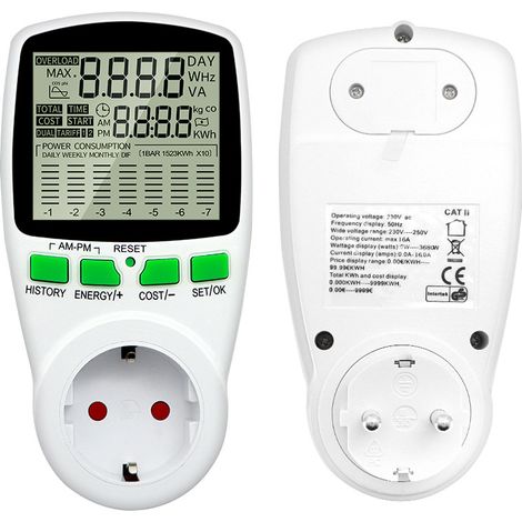Intelligenter Energiezähler – LCD-Steckdose 220 V – max. 16 A – Leistungs- und Kostenüberwachung – Integrierte ABS-Sicherheit