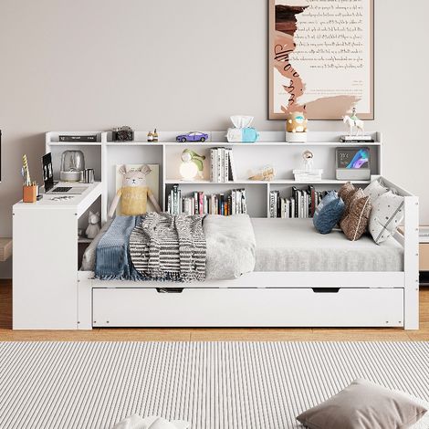 Lit gigogne 90x200 cm canapé-lit en bois massif avec bureau, lit d'appoint, étagères et prise USB blanc (1/5)