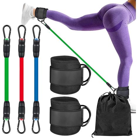 6er-Set Knöchel-Widerstandsbänder – Fitnessband mit 2 Haken für Bein- und Gesäßtraining – 3 Widerstandsbänder in Grün, Blau und Schwarz (inklusive eines Paares schwarzer Fußschoner mit silbernen Schla (1/5)