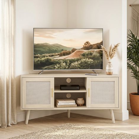 Meuble TV d'Angle 115 cm, Meuble Télé pour Téléviseur jusqu'à 65 Pouces, 2 Portes en Rotin  2 Compartiments, Chêne (1/5)