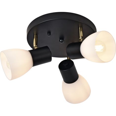 Plafonnier avec 3 douilles E14 hauteur 12 cm métal verre noir or blanc