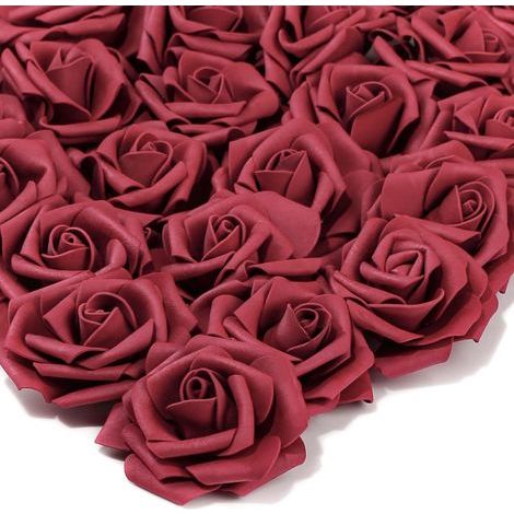 50PCS Rose Rouge Artificielle 7cm Fleur Saint Valentin Tête de Fleur Décoration Toussaint Anniversaire Mariage Party Cérémonie Accessoire de Cheveux (Rouge de Vin) (1/5)