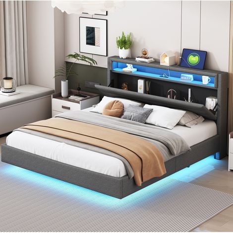 Cama tapizada 160/200 cm gris de lino con cabecero reversible, USB y LED (1/5)