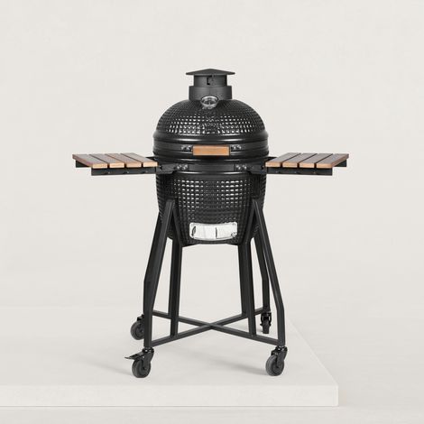 Barbecue charbon Kamado 16' céramique pour 4 à 6 personnes – Grille inox 34 cm – Deux plateaux rabattables – Pierre à pizza offerte (1/5)