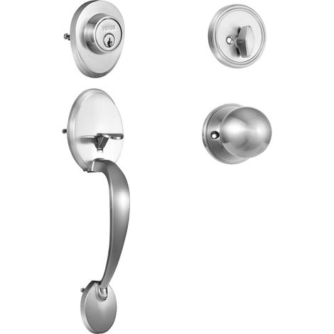 Poignée de porte d'entrée avec verrou, nickel satiné, ensemble avec bouton intérieur, entraxe réglable, cylindre simple, compatible main droite et gauche. (1/5)