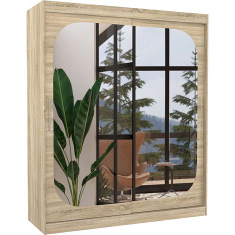 Armoire de chambre design bois clair 2 portes coulissantes avec miroir Ibizo 180cm (1/5)