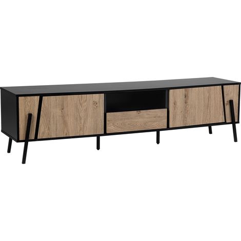 Mueble TV color madera clara y negro 177 con 2 armarios 1 balda 1 cajón espacio para cables estilo moderno Blackpool (1/5)