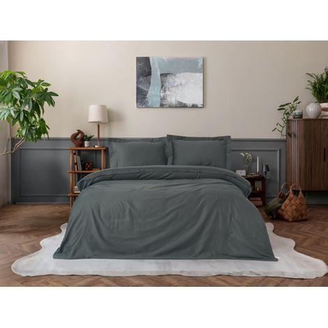 Parure de lit - 1 housse de couette 220 x 240 cm + 2 taies d'oreiller 60 x 60 cm - 100 % satin de coton - Anthracite