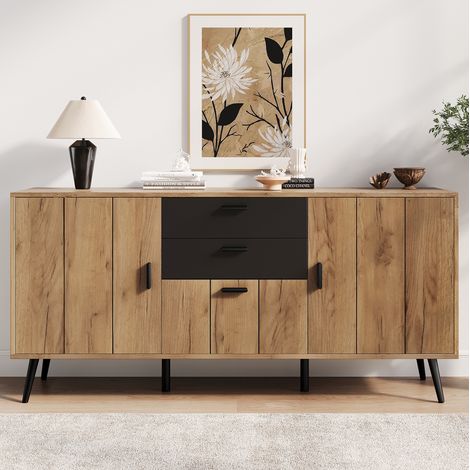 Aparador (140x35x67 cm), 7 compartimentos, 2 cajones y 3 puertas, MDF, negro y color madera (1/5)