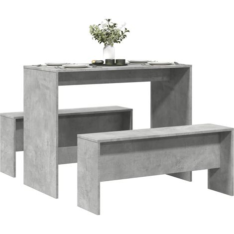 3-tlg. Esstisch und Bank Set Betongrau Holzwerkstoff