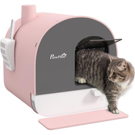 Bac à litière pour chat avec porte battante pelle et filtre inclus dimensions 43L x 44l x 47H cm rose