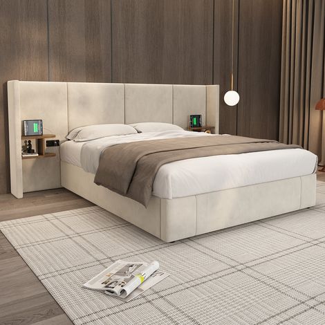 Lit rembourré - 160x200 cm - Velours beige - USB et tables de chevet incluses (1/5)