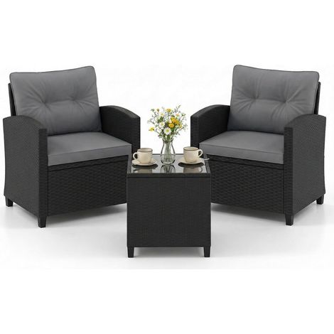 COSTWAY Poltrona Divano Sedia Tavolini Tavolo Caffè Laterale Rattan Set Salotto Mobili Esterno Giardino 2 Posti Persone Piano Vetro Temperato Braccioli Cuscin (1/5)