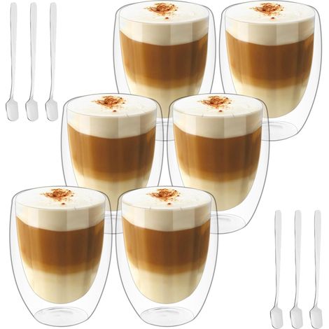 Lot de 6 Tasses à Café Double Paroi, Verre Transparent avec Double Paroi pour Café Latte, Tasses à Latte Macchiato en Verre,Incluant 6 Cuillères, Wingardens Pour Cafetière/Bière/Jus (1/5)
