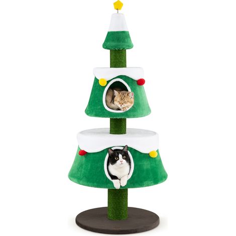 156 cm Arbre a Chat en Design Sapin de Noël à 5 Niveaux Arbre à Chat XXL Décoratif avec 2 Condos, Poteaux à Griffer Sisal et Jouet Ressort Étoilé (1/5)