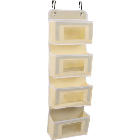 Organisateur de placard suspendu multicouche, grande capacité de charge, en tissu non tissé, à suspendre à une porte, avec 2 crochets, couleur kaki, 4 compartiments (1/5)