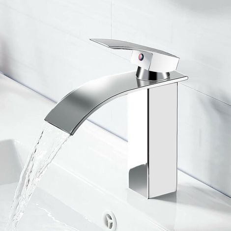 Mitigeur de lavabo--Robinet de Salle de Bain Robinet Cascade Mono-trou Mitigeur sur Lavabo Robinetterie Lave-mains avec Levier Unique -Argent (1/5)