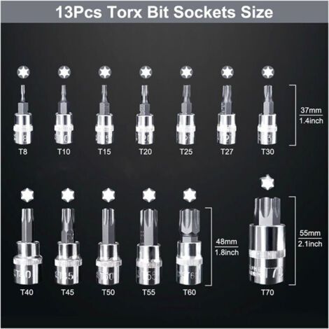 Douille Torx Male 1/2'', 1/4'', 3/8'', T8-T70 13 pièces