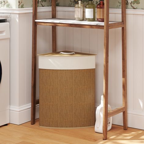 Panier à linge d'angle en bambou tressé, 55 litres, sac en tissu, structure métallique, marron