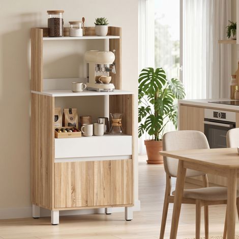 Meuble micro-ondes buffet cuisine tiroir 2 portes fermeture douce plan travail étagères chêne. Meuble pour micro-ondes avec fermeture douce et plan de travail, pratique et élégant. (1/5)