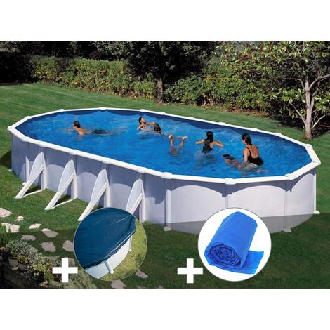 GRE – Kit piscine tubulaire acier blanc ovale 10,20 x 5,75 x 1,32 m – Bâche hiver incluse – Filtration à sable 10 m³/h – Échelle de sécurité