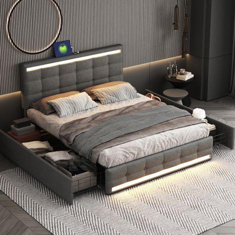 Lit adulte 140x200 cm, lit double moelleux avec 4 tiroirs, prise USB et éclairage LED, tissu en lin, gris, sans matelas (1/5)