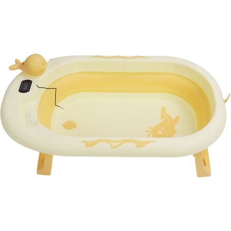 Baignoire bébé pliable, baignoire avec thermomètre, pliable, épaisse, assis-allongé, seau de bain, utilisation quotidienne, jaune crème (1/5)