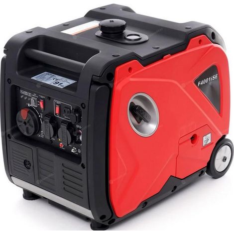 Generador inverter Fogo F 4001 IS, 3.3 kW, 230V y 12V, ideal para suministro de energía en exteriores, eficiente, silencioso, compacto, fácil de transportar y confiable.