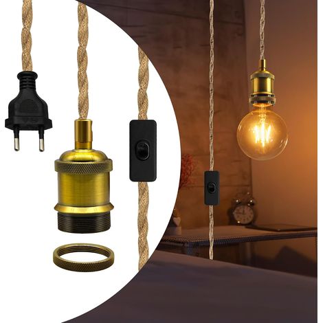 Vintage Brass Pendant Light, E27 Bulb Socket with Hemp Rope Cable 5.1 m, Living Room Bedroom Chandelier, Compatible with Lampshade, DIY Industrial Hanging Lamp, Indoor Lighting (1/5)