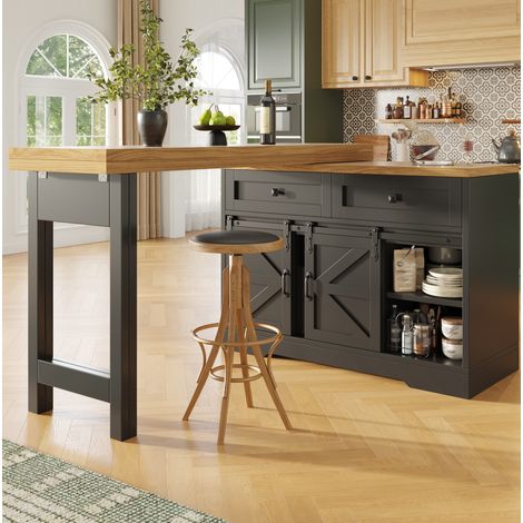 Îlot de cuisine 2-en-1 avec table à manger extensible 120-197 cm noir OKMYHOME (1/5)
