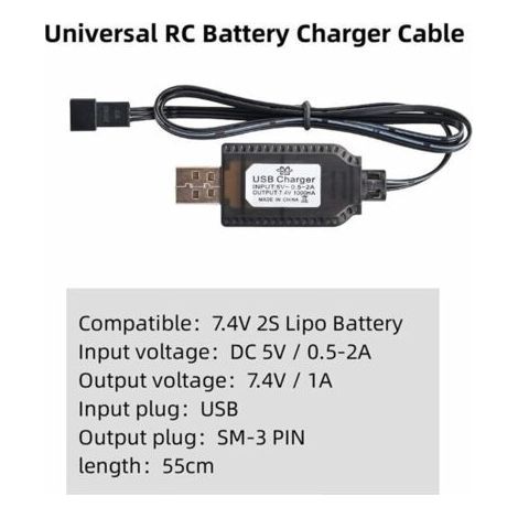 USB Charger, Universal RC Cable with SM-3P Connector for 2S 7.4V LiPo Battery, Compatible with RC Cars, Boats, Drones, Airplanes and Other RC Toys. (1/3)
