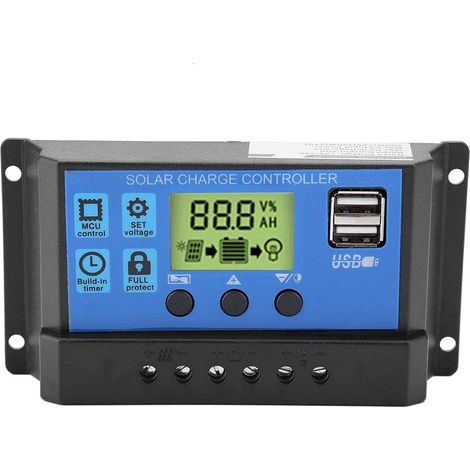 Charge Controller Regulator, 12V/24V Dual USB Solar Panel Charge Controller, Smart Solar Panel Battery Regulator with LCD Display 10A/20A/30A(YJSS-20A) (1/5)