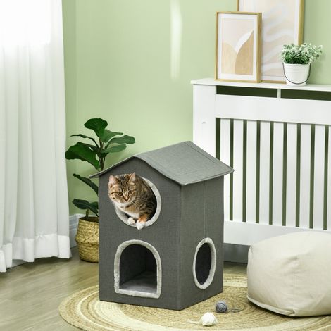 Maison pour chat à deux niveaux avec coussins lavables, 3 entrées, 42 x 46 x 59,5 cm, grise (1/5)